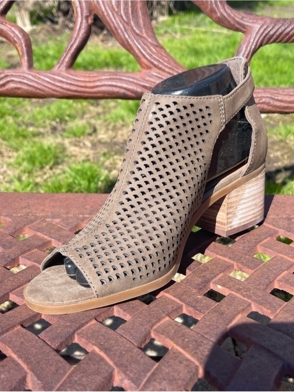 Jessica Simpson Vegan Leather Cut Out Ankle Strap Block Heel Sandals